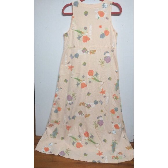 Stamp Maxi Dress Sz M Art-To-wear floral butterfly words button-up USA Resort - Picture 2 of 13